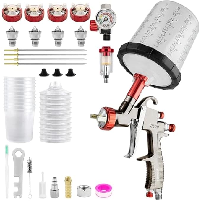 BENTOHKLE R500 LVLP AIR SPRAY GUN WITH 10PCS 650ML DISPOSABLE CUPS 1.3/1.5/1.7/2.0MM NOZZLES, AUTOMOTIVE PAINT GUNS R500 PAINT GUN SPRAYER FOR HOUSE PAINTING, CAR, FURNITURE - Image 1